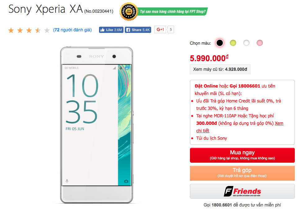 Xperia XA giảm giá mạnh còn 6 triệu, ngang với OPPO F1s