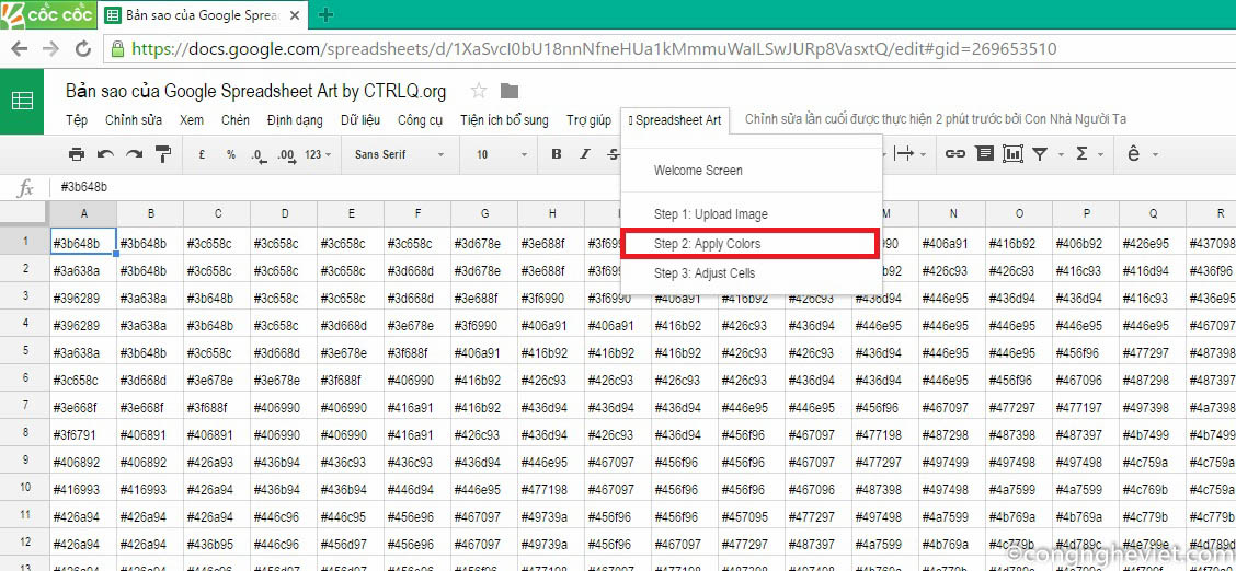 Bước 2: Lại vào Spreadsheet Art > Step 2: Apply Colors để tô màu toàn bộ bảng tính theo các mã màu ở trên. Bạn sẽ thấy các pixel bị phóng lên thành các ô chữ nhật trên sheet.