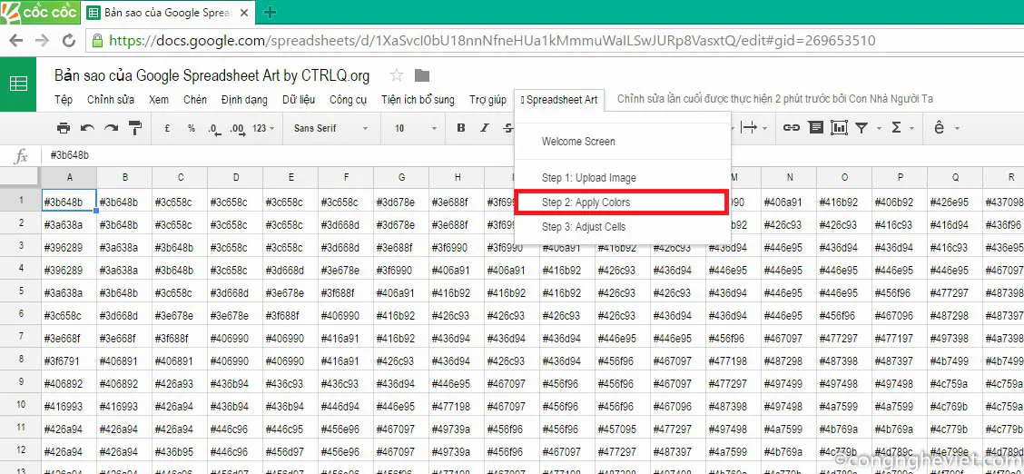 Bước 2: Lại vào Spreadsheet Art > Step 2: Apply Colors để tô màu toàn bộ bảng tính theo các mã màu ở trên. Bạn sẽ thấy các pixel bị phóng lên thành các ô chữ nhật trên sheet.
