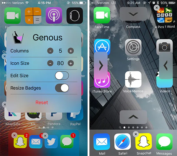 Tweak giúp bạn thay đổi kích thước icon, thêm số hàng, số cột tuỳ theo ý muốn của bạn.