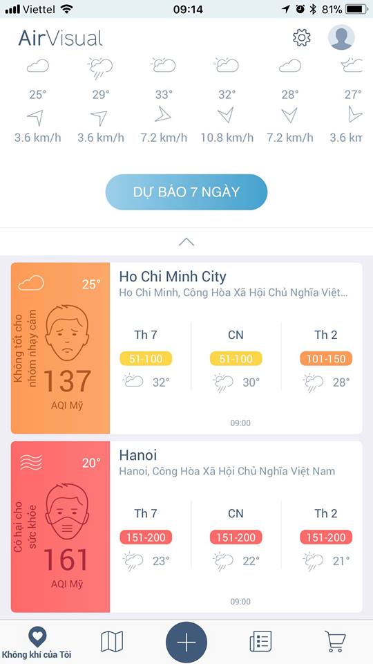 Kiểm tra mức độ ô nhiễm không khí bằng ứng dụng AirVisual (iOS/Android)
