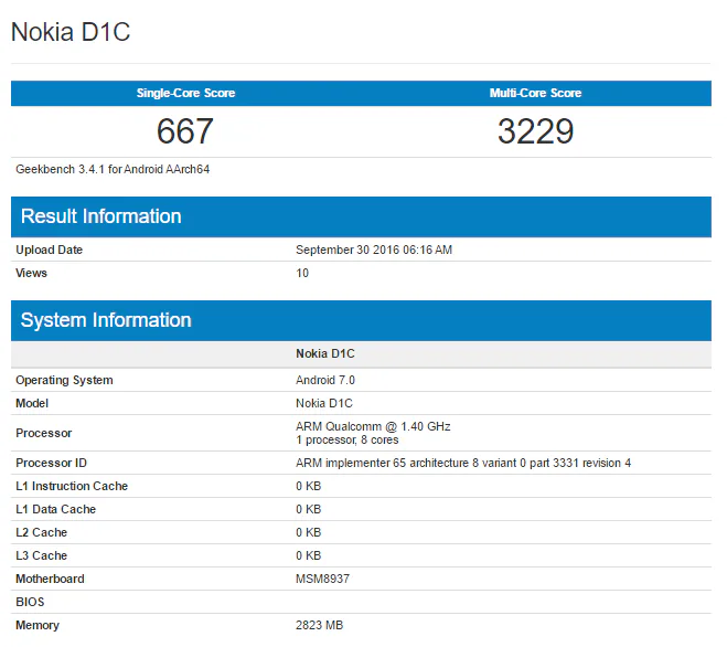 Lộ diện Nokia D1C, chạy Android 7.0, thông số kĩ thuật xuất hiện trên Geekbench