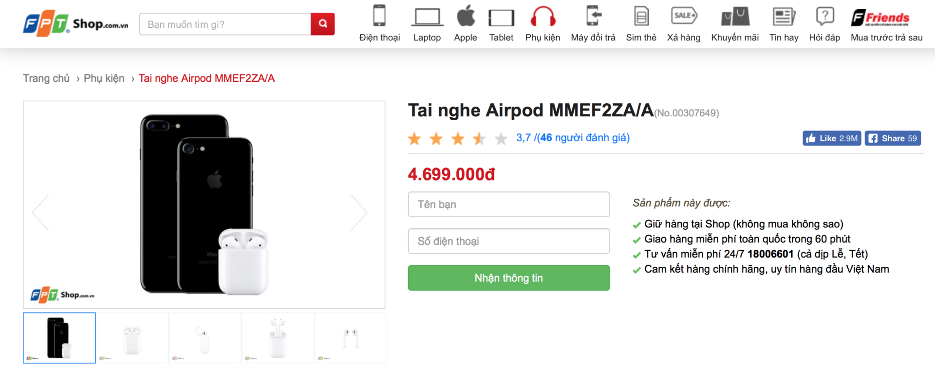 Tai nghe AirPods chính hãng Việt Nam được bán tại FPT Shop với giá 4.699.000 đồng