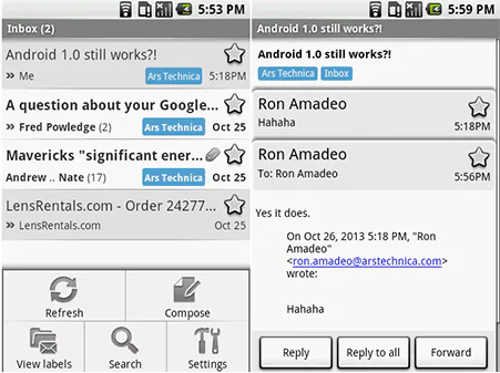 Năm 2008, trải nghiệm mail di động tốt nhất thế giới thuộc về Gmail trên Android 1.0.
