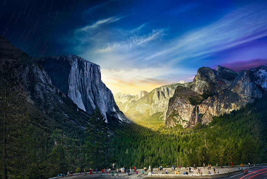 Bức ảnh về một sườn núi trong công viên quốc gia Yosemite, nhiếp ảnh gia Stephen Wilkes đã kì công ghép 1036 hình ảnh và mất hơn 26 giờ liên tục để tạo ra bức ảnh tuyệt đẹp thể hiện sự chuyển giao giữa ngày và đêm này