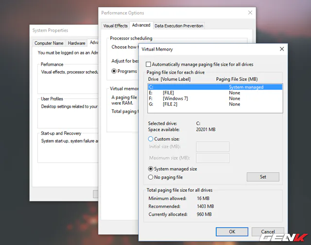 Ở hộp thoại mới xuất hiện, hãy bỏ đánh dấu kiểm ở lựa chọn “Automatically manage paging file size for all drivers”. Sau đó nhấp vào phân vùng “C” nằm trong danh sách và đánh dấu vào lựa chọn “Custom size”.