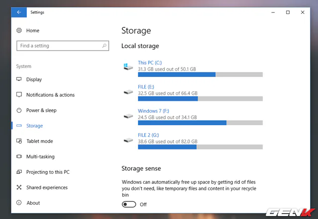Trong System, hãy tìm và nhấp vào nhóm thiết lập Storage.