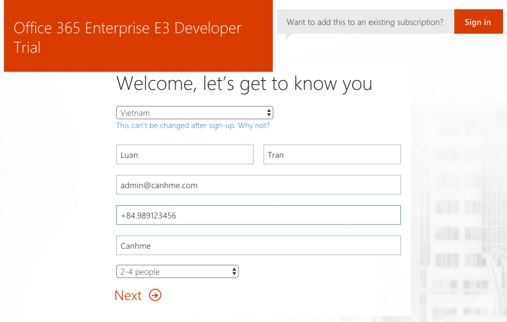 Microsoft Office-365-Enterprise-E3-Developer-Trial-Step-1