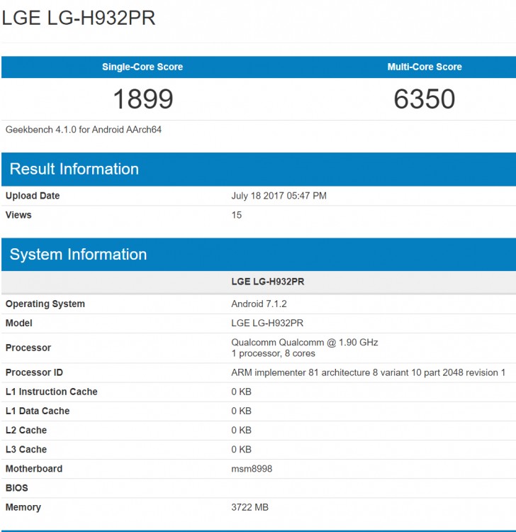 LG V30 xuất hiện thông số trên GeekBench: 4 GB RAM và Android 7.1.2