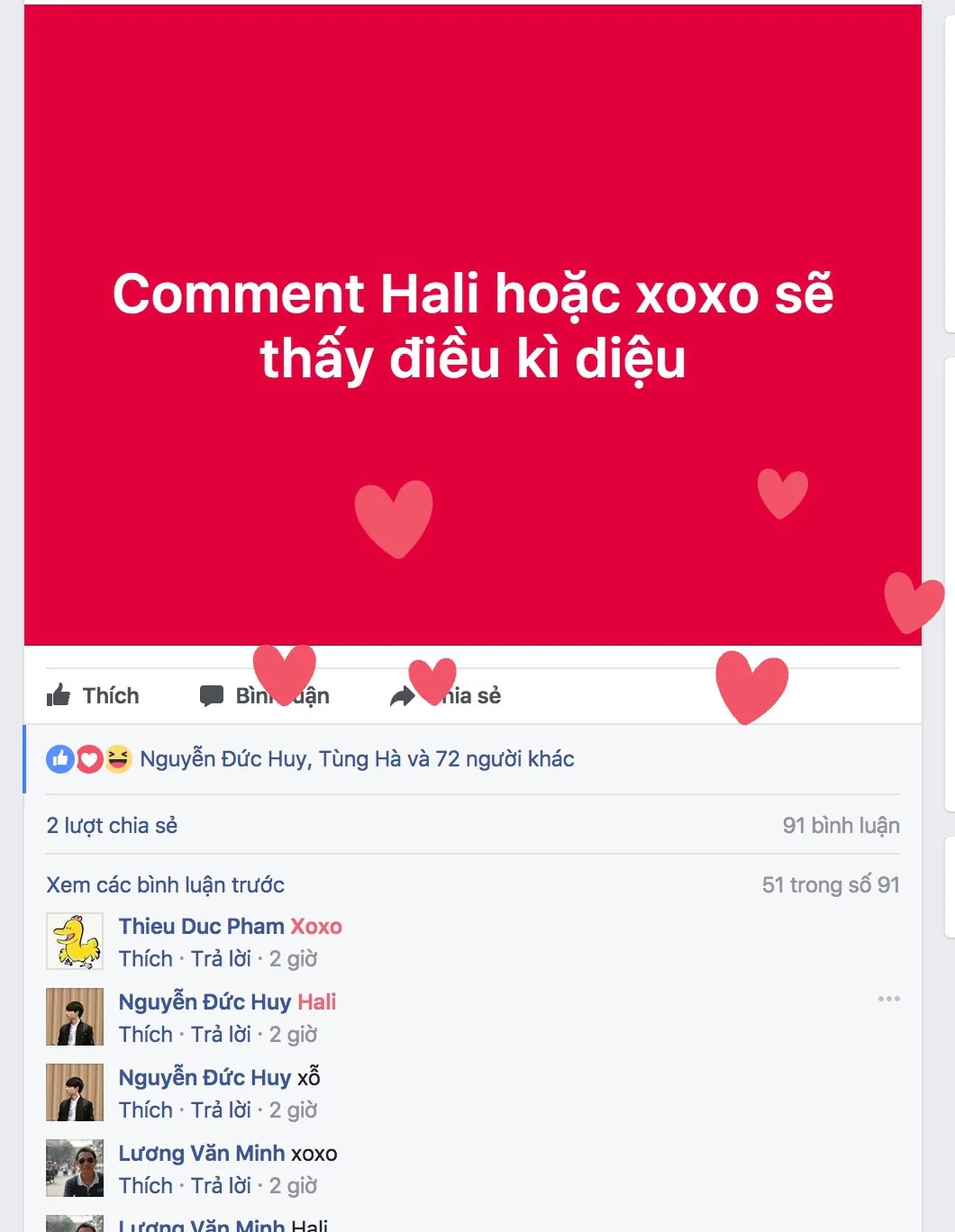 Trò chơi thả tim bằng comment trên Facebook