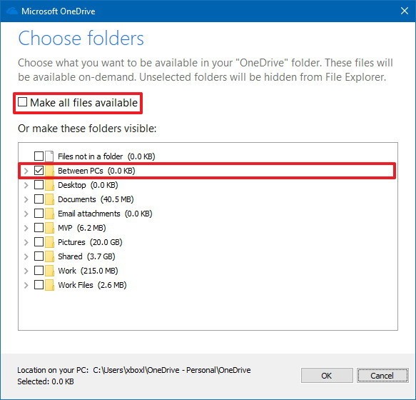 choose folder onedrive windows10