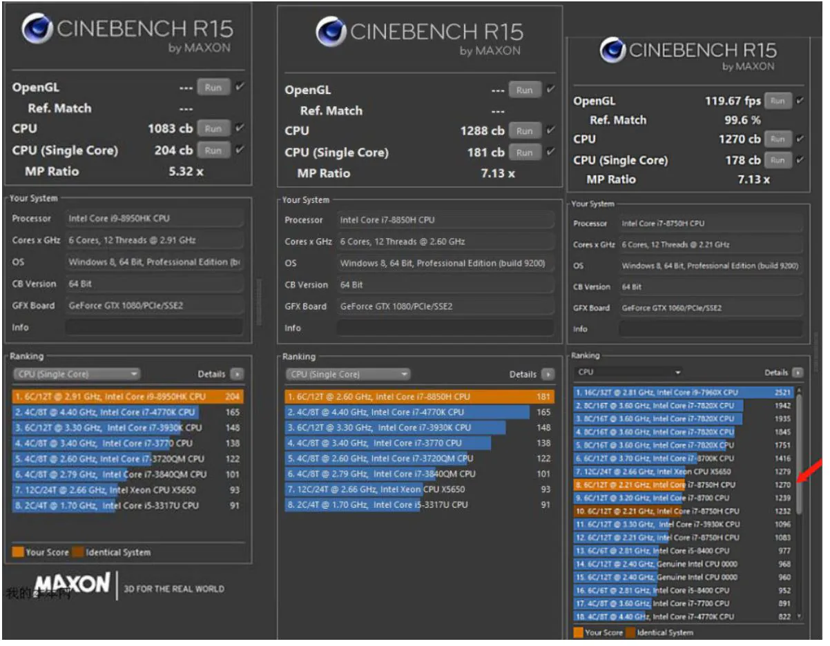 Intel Core i9-8950HK, i7-8850H, i7-8750H lộ điểm Cinebench