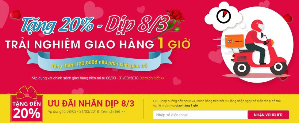 “Trải nghiệm dịch vụ giao hàng nhanh trong 1 giờ”, được giảm giá đến 20% tại FPT Shop