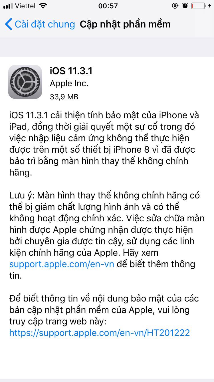 Apple ra mắt iOS 11.3.1, sửa một số lỗi và cải thiện bảo mật