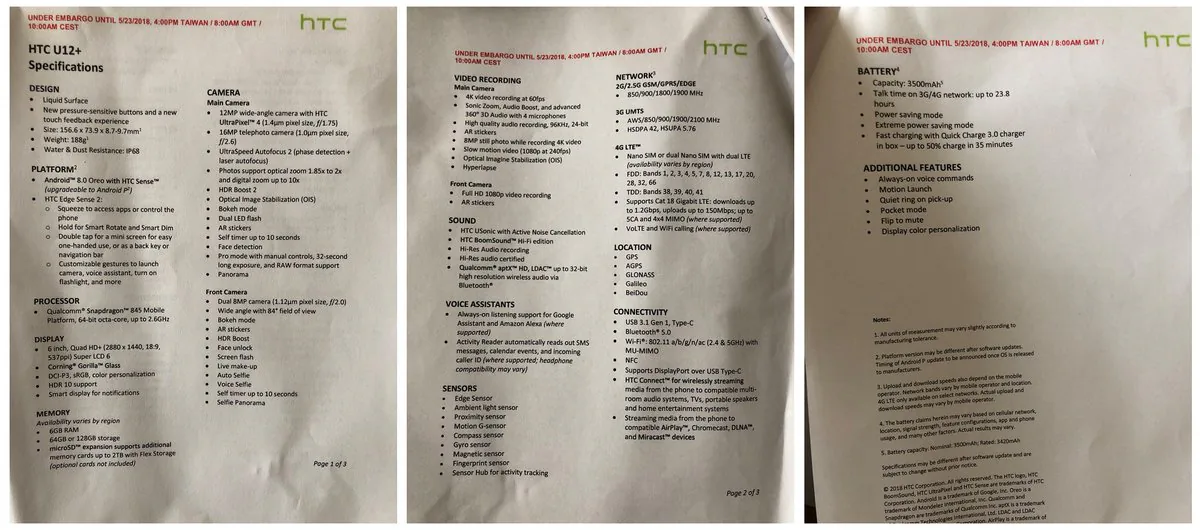 Lộ ảnh render cùng với thông số dự kiến của HTC U12+: Pin 3500mAh và có thể hỗ trợ Android P