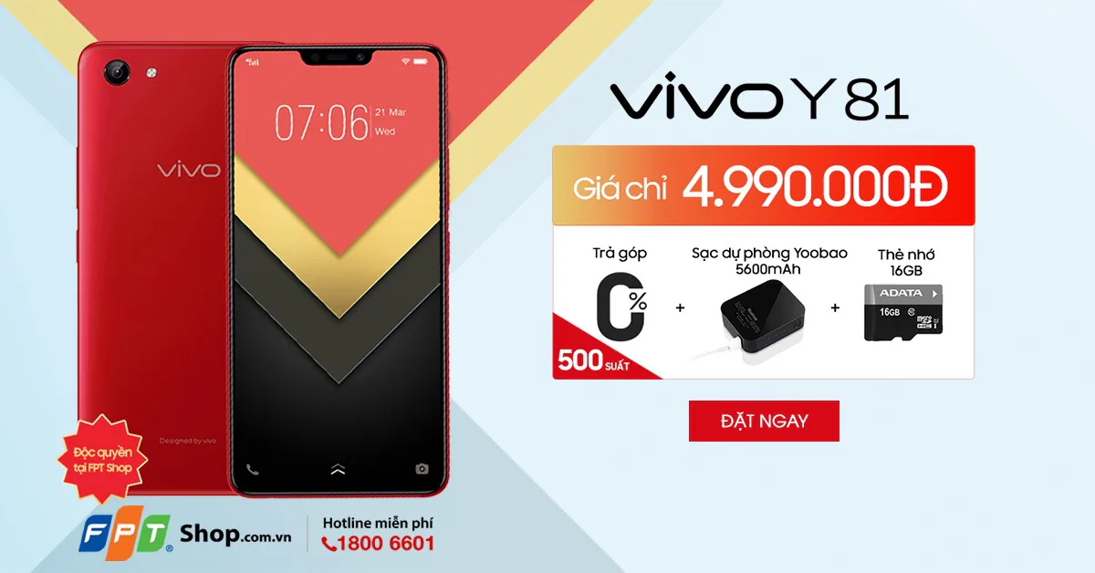 Tặng sạc dự phòng, thẻ nhớ khi mua Vivo Y81 Red tại FPT Shop