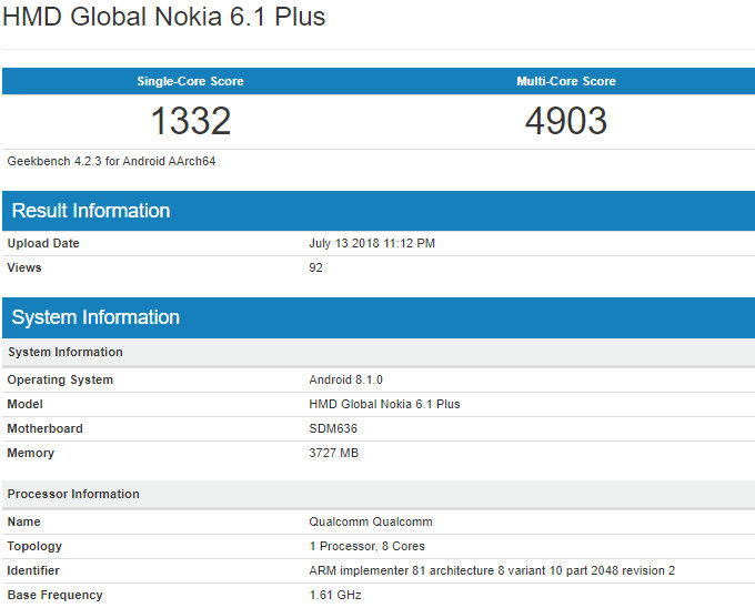 Nokia 6.1 Plus sẽ là một thiết bị tầm trung, chạy Android 8.1.0 Oreo
