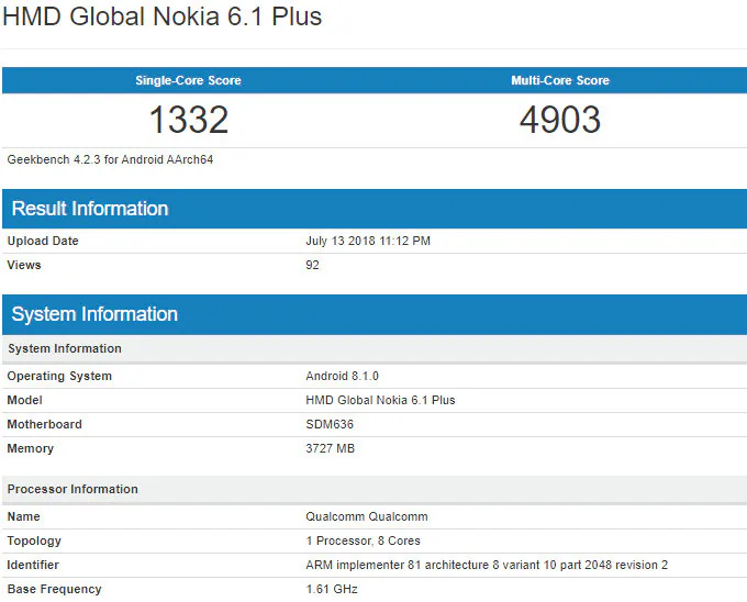 Nokia 6.1 Plus sẽ là một thiết bị tầm trung, chạy Android 8.1.0 Oreo