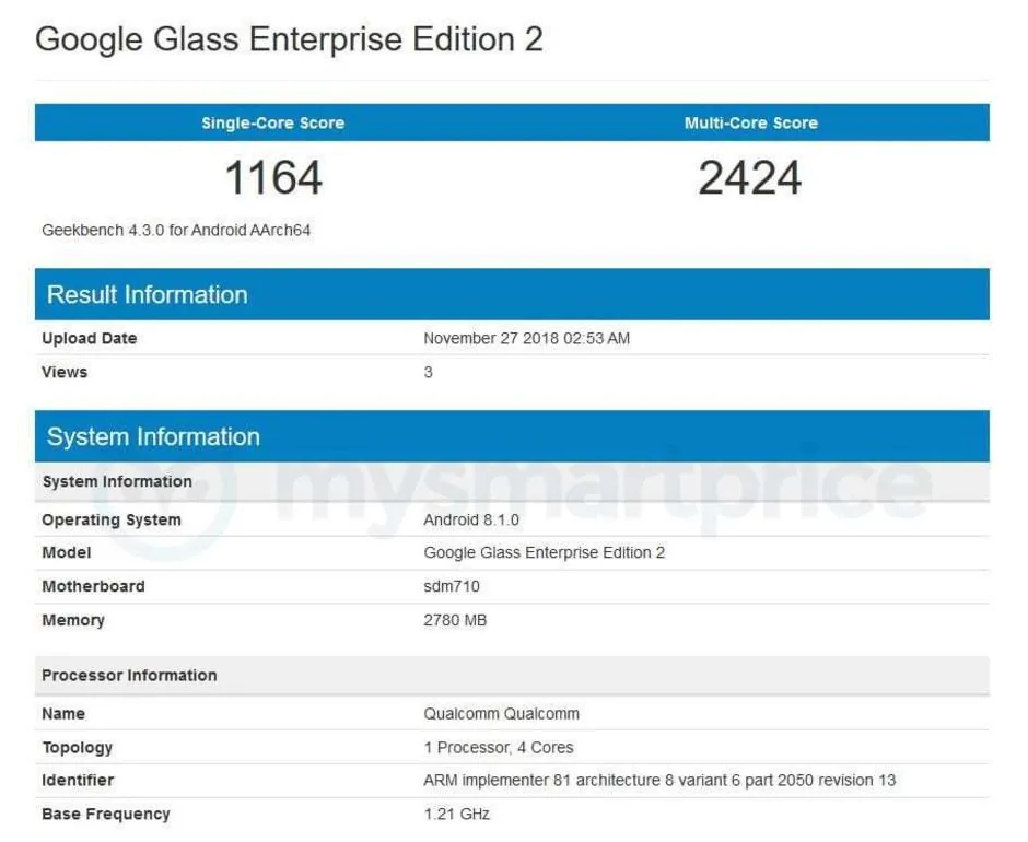 Xuất hiện Google Glass mới sử dụng Snapdragon 710 chạy Android 8.1 Oreo