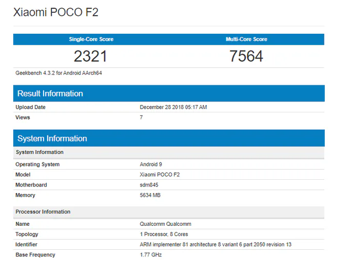 Xiaomi Pocophone F2 lộ thông số giống hệt F1 trên Geekbench