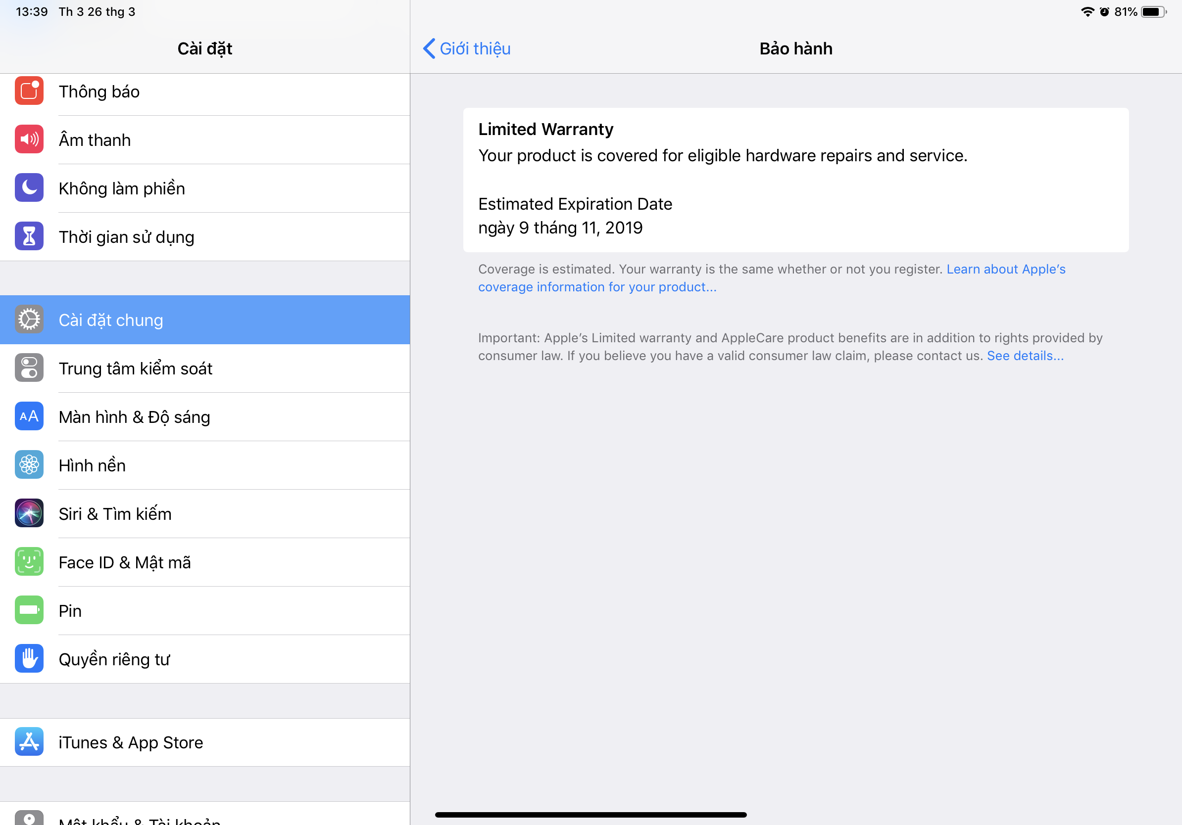 iOS 12.2 có thêm tính năng kiểm tra thời hạn bảo hành ngay trong mục Cài đặt