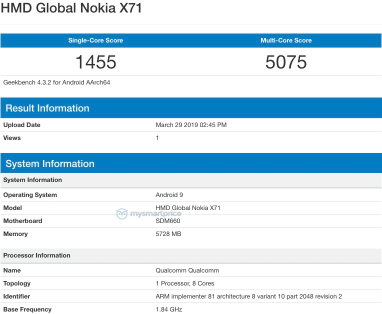 Rò rỉ cấu hình Nokia X71 trên Geekbench với chip Snapdragon 660