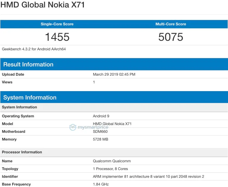 Rò rỉ cấu hình Nokia X71 trên Geekbench với chip Snapdragon 660