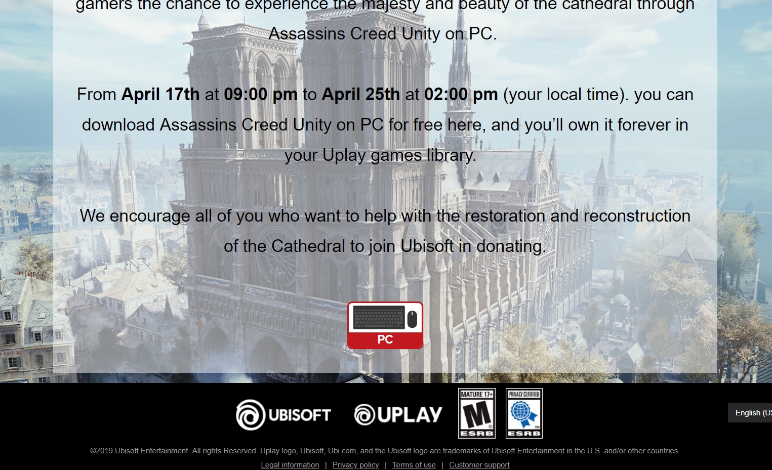 Nhận miễn phí game Assassins Creed Unity để tưởng nhớ Nhà thờ Đức Bà