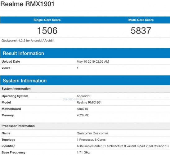 Rò rỉ Realme X trên Geekbench, chạy Snapdragon 710 cùng 8GB RAM