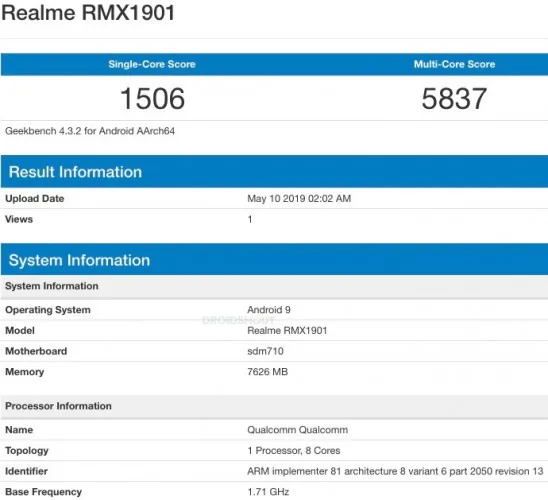 Rò rỉ Realme X trên Geekbench, chạy Snapdragon 710 cùng 8GB RAM