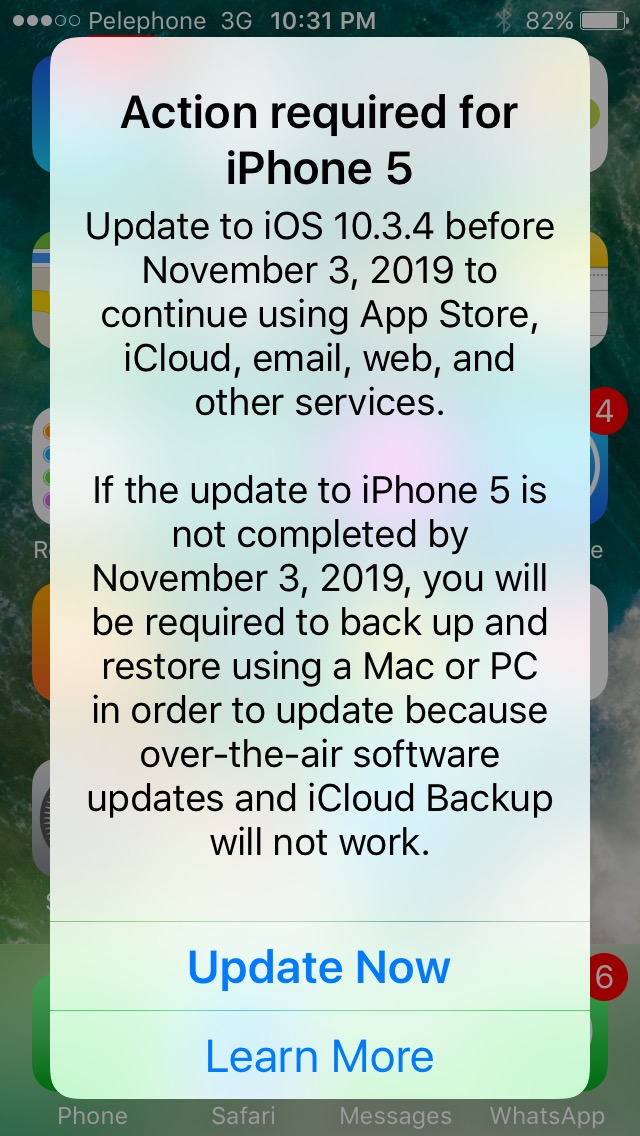 iPhone 5 cần phải được cập nhật iOS 10.3.4 để tiếp tục hoạt động