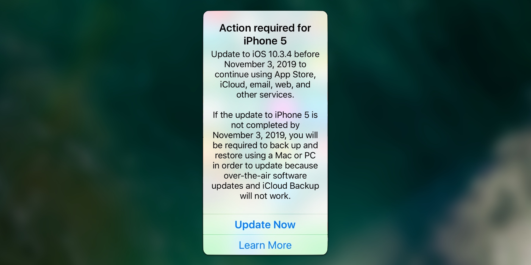 iPhone 5 cần phải được cập nhật iOS 10.3.4 để tiếp tục hoạt động