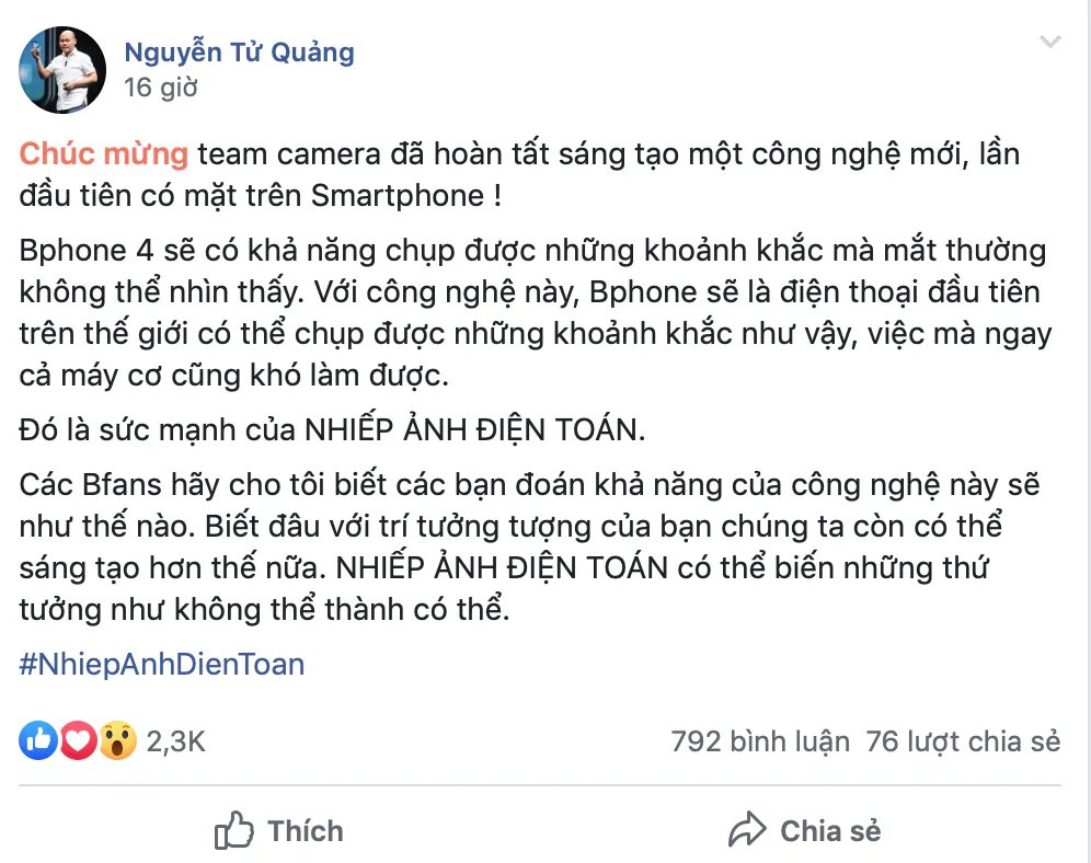 CEO BKAV xác nhận Bphone 4 sẽ ra mắt năm sau và sẽ "chụp những bức ảnh mà ngay cả DSLR cũng khó làm được"