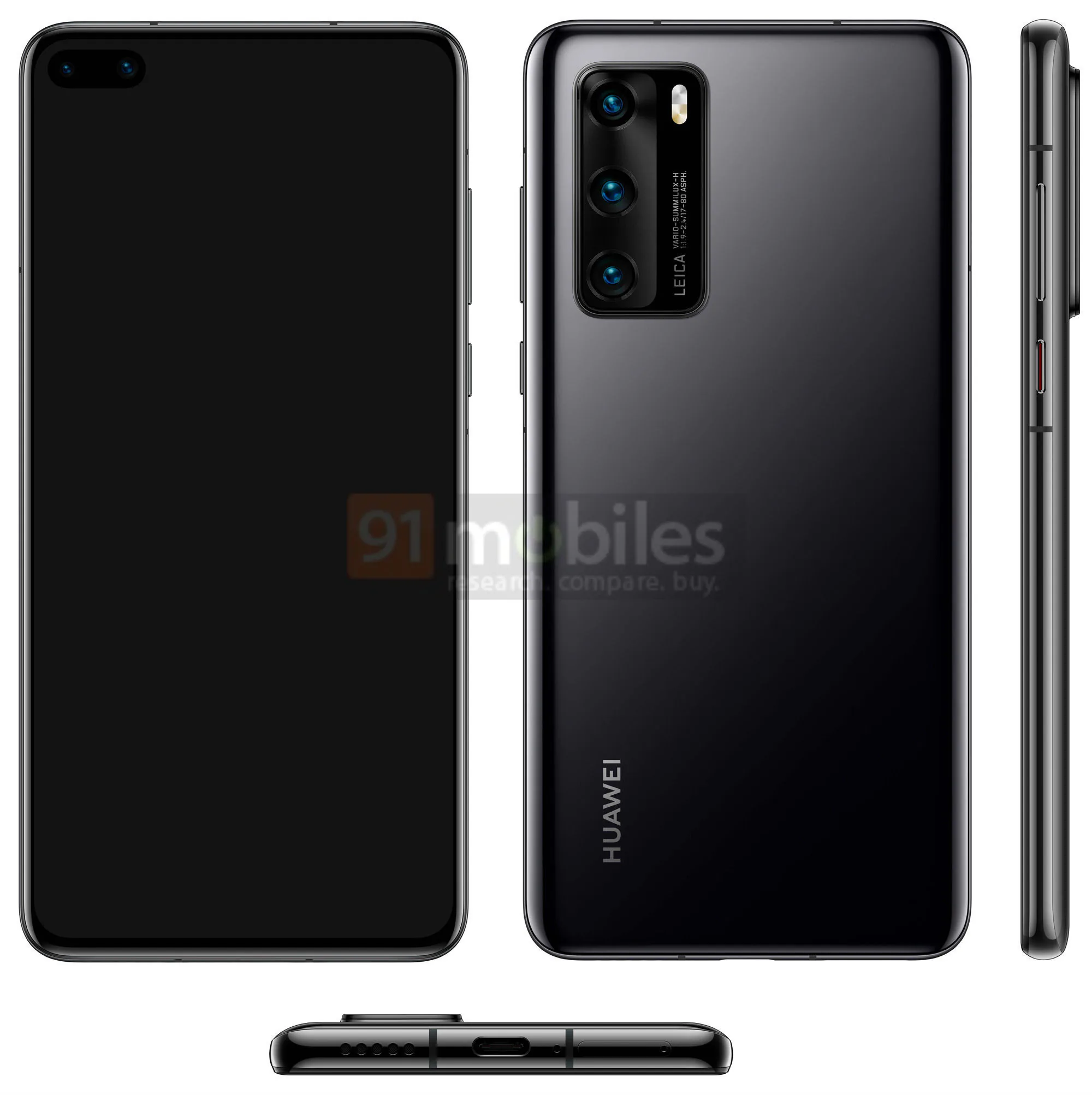 Lộ diện ảnh render Huawei P40 và P40 Pro với camera trước đục lỗ, cụm ba camera sau hình chữ nhật