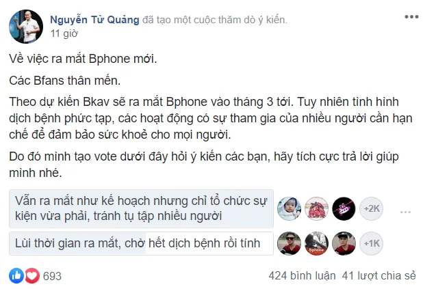 CEO BKAV hỏi fan nên ra mắt Bphone 4 đúng hẹn hay hoãn lại chờ hết dịch