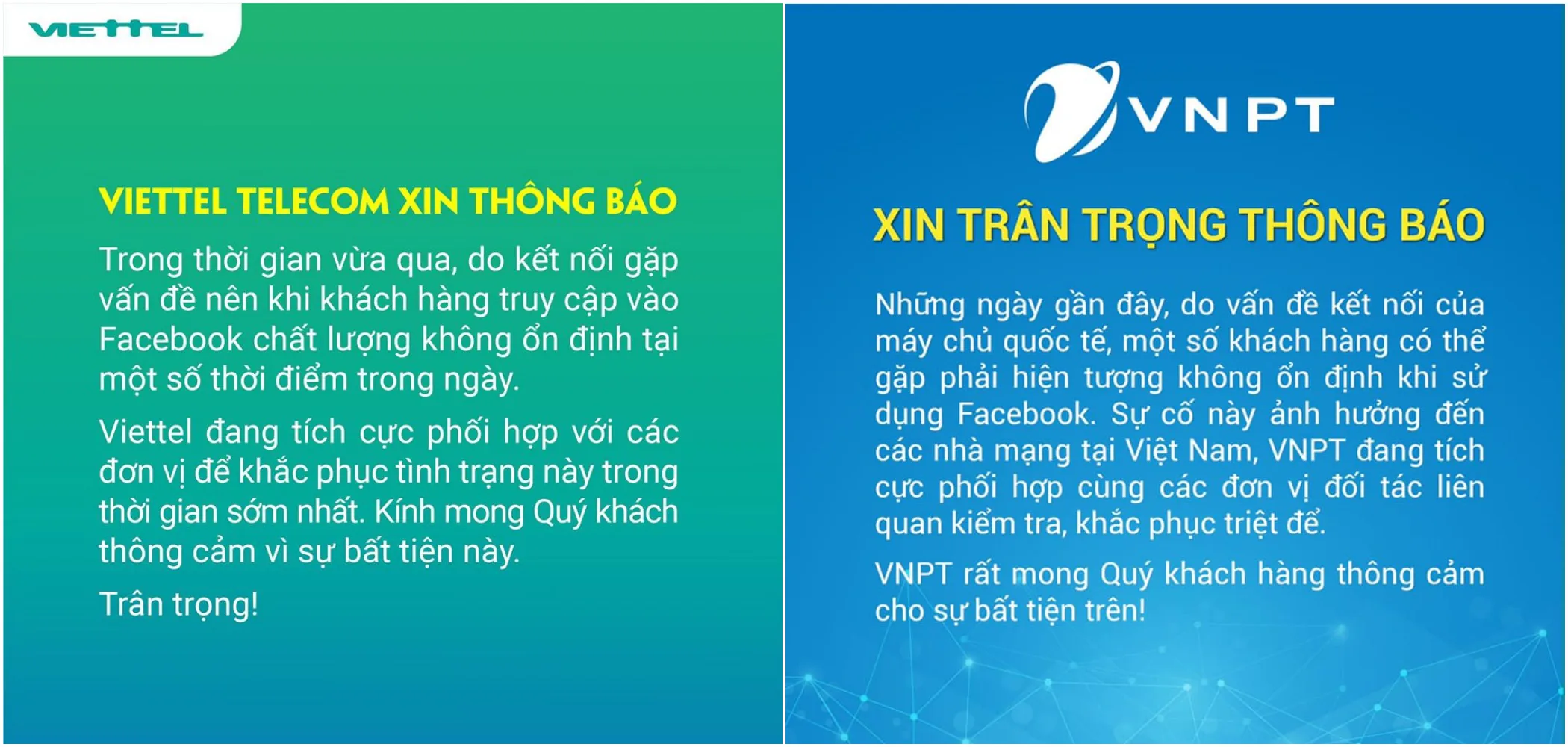 Viettel và VNPT đăng thông báo xin lỗi người dùng về tình hình mạng không ổn định