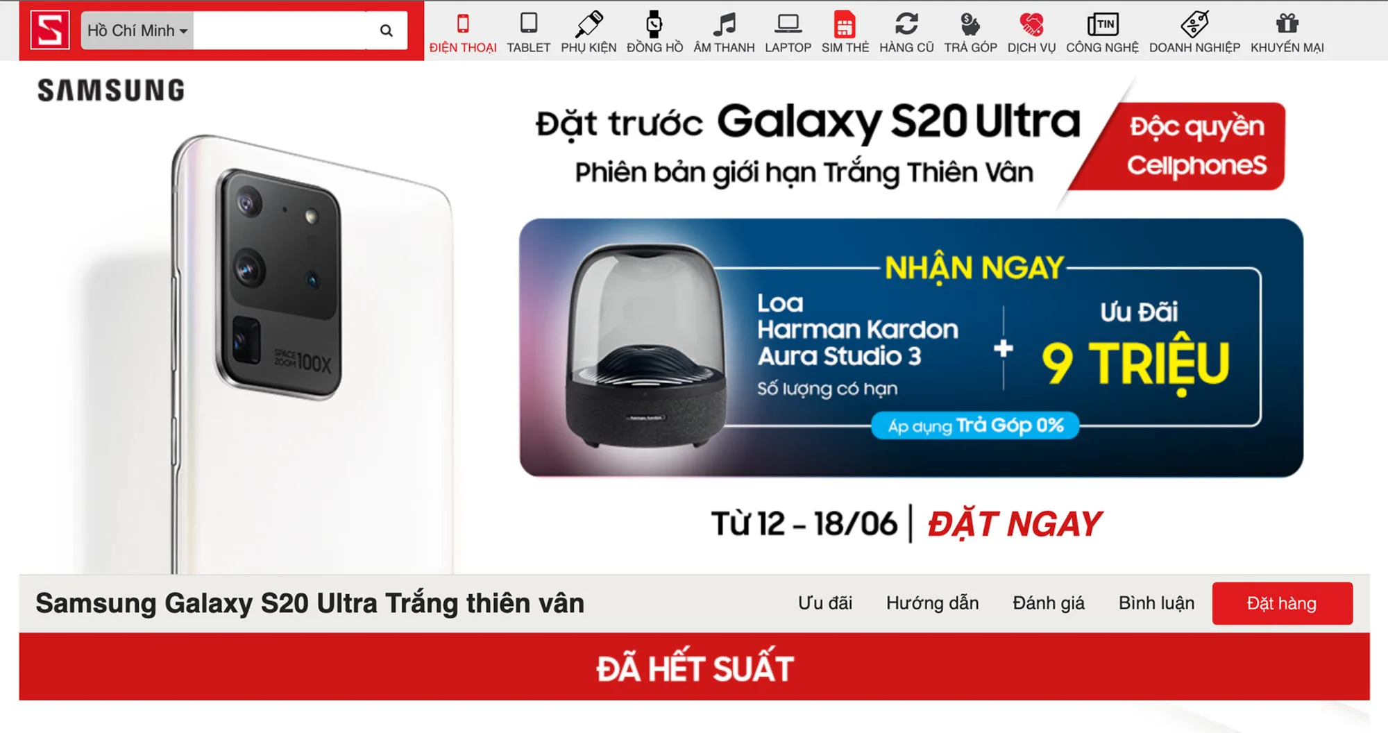 “Cháy” 1000 suất cọc trong 3 ngày, CellphoneS dừng đặt hàng Galaxy S20 Ultra Trắng Thiên Vân
