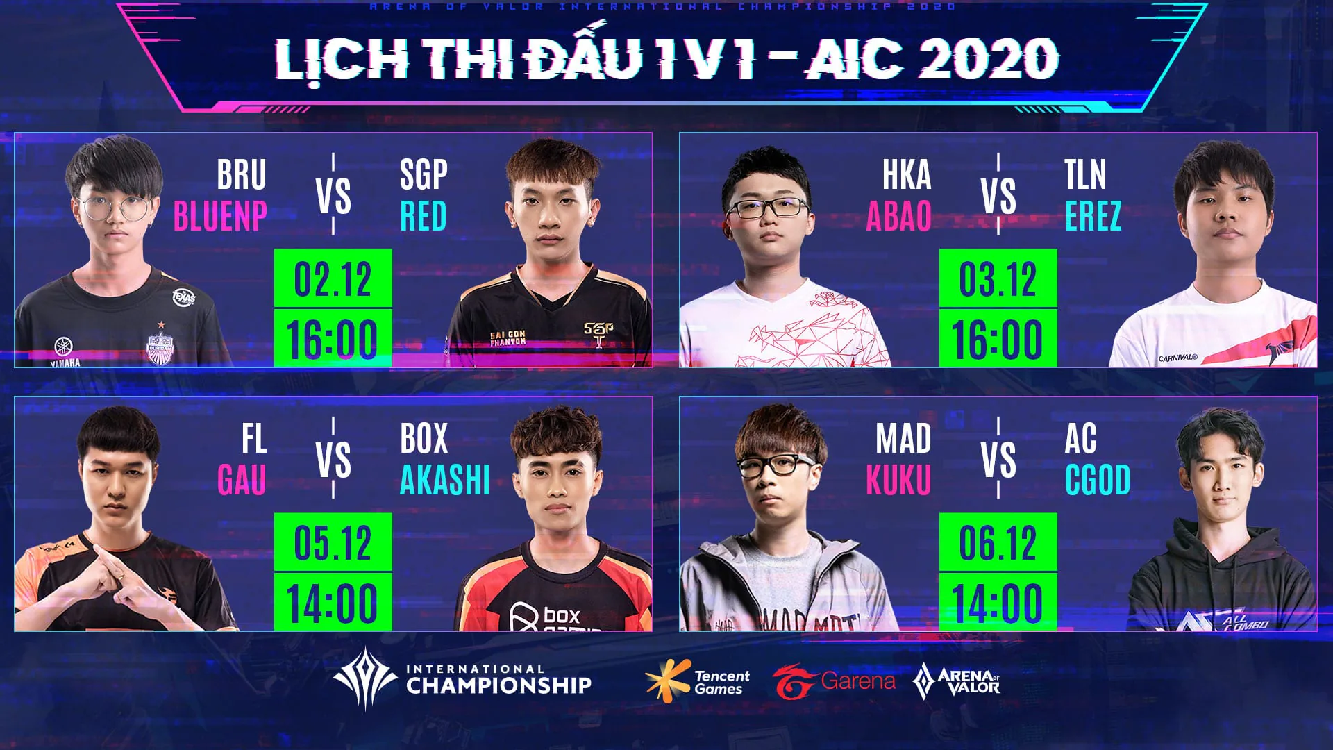 [Liên Quân Mobile] Lịch thi đấu vòng Tứ Kết AIC 2020: Khu vực AOG góp mặt đủ cả 3 đại diện, Giải 1vs1 chính thức khởi tranh