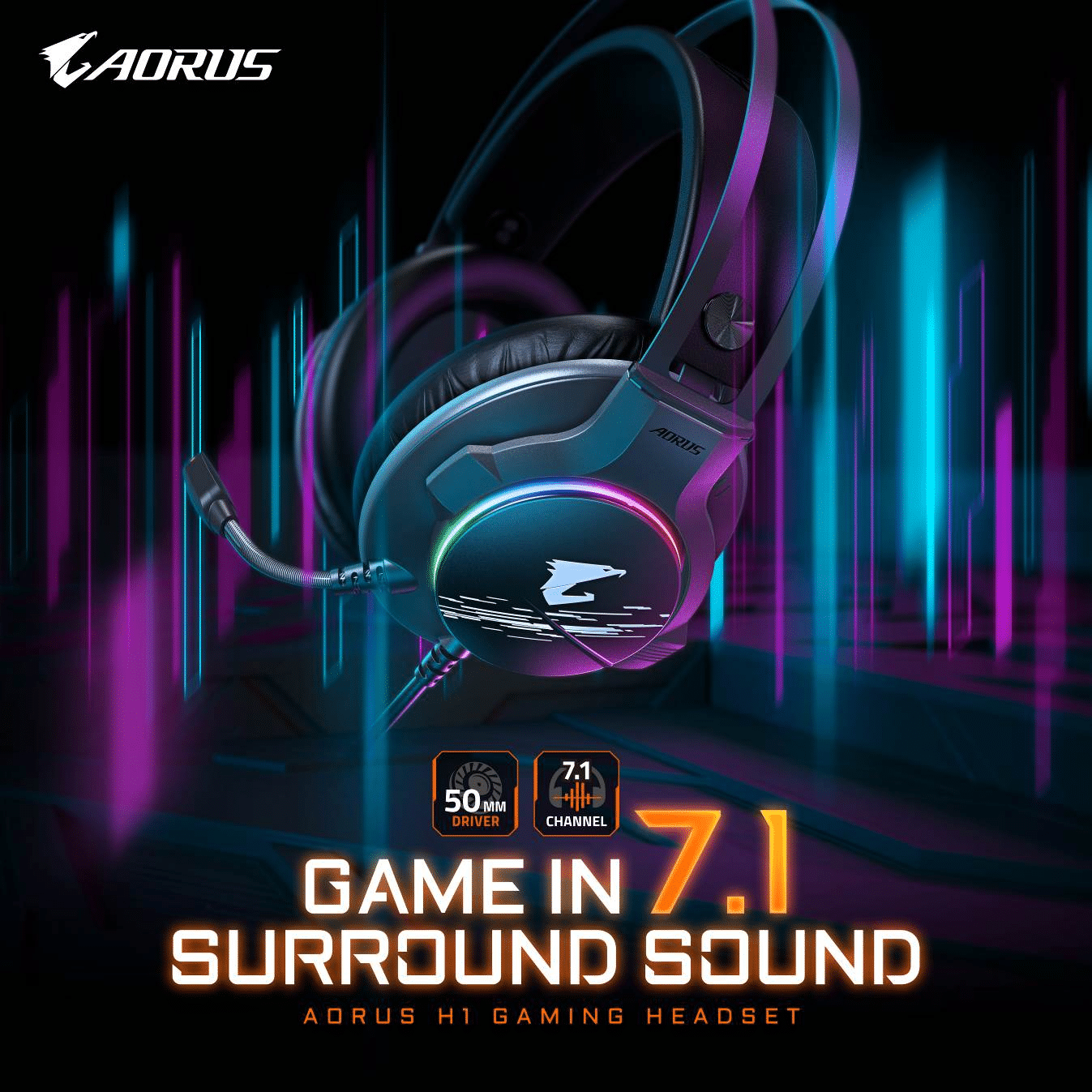 GIGABYTE ra mắt tai nghe gaming AORUS H1: giả lập âm thanh vòm 7.1, micro chống ồn ENC, LED RGB