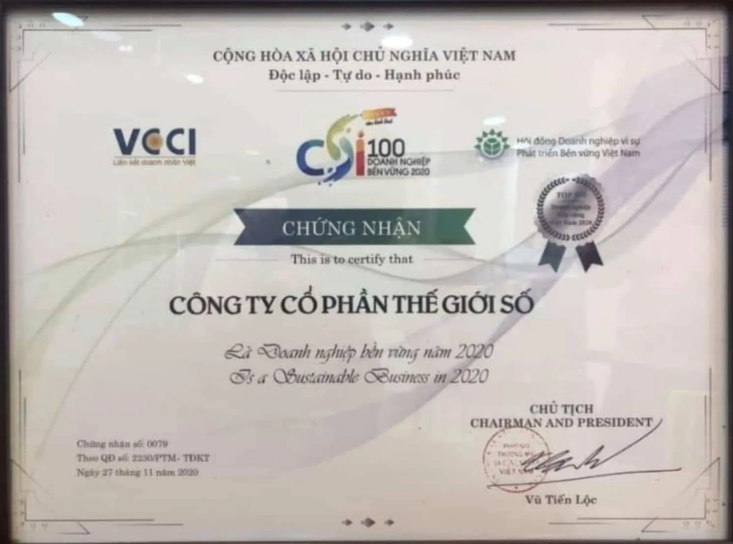 Lần thứ 05 liên tiếp, Digiworld nhận giải thưởng top 100 doanh nghiệp phát triển bền vững 2020