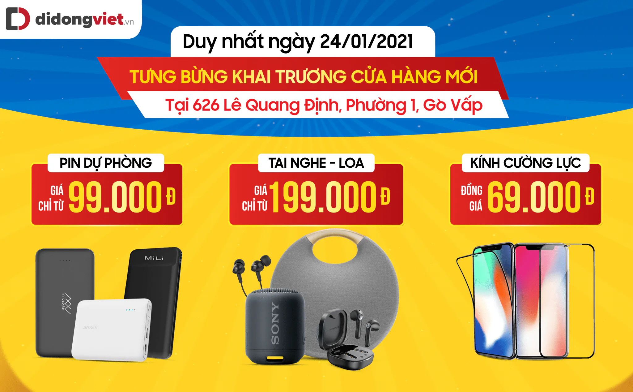 iPhone 12 VN/A giảm đến 6 triệu, Galaxy S21 Plus giá chỉ 18.99 triệu, pin sạc dự phòng chỉ 99 ngàn dịp khai trương Di Động Việt