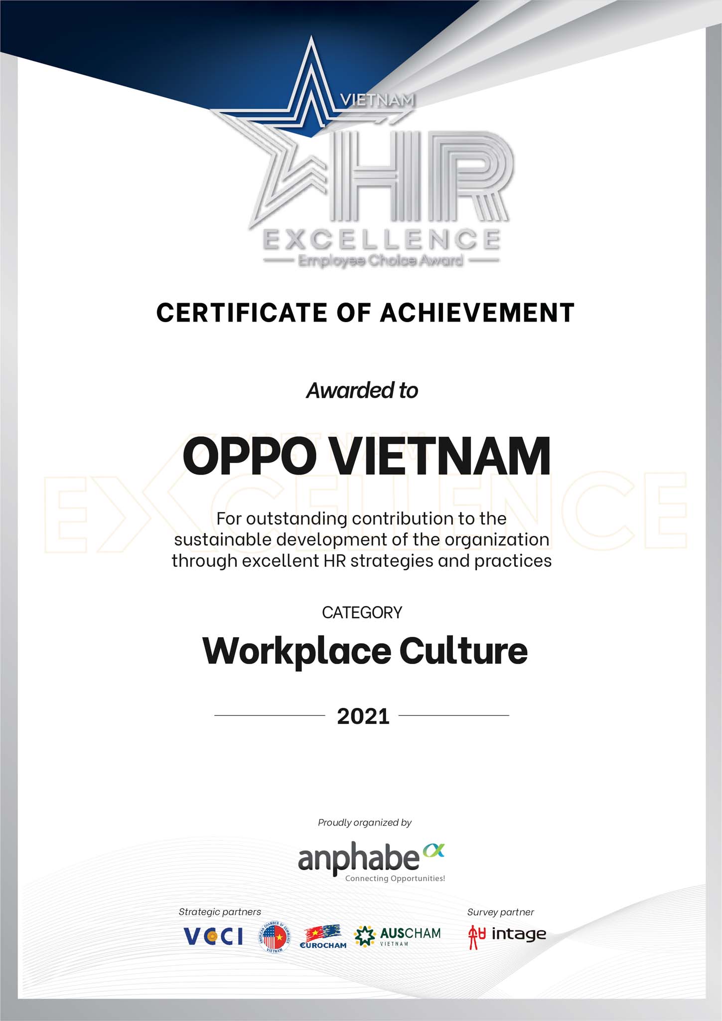 OPPO Việt Nam đạt Giải thưởng Văn hóa doanh nghiệp tại chương trình Chứng nhận Vietnam Excellence 2021