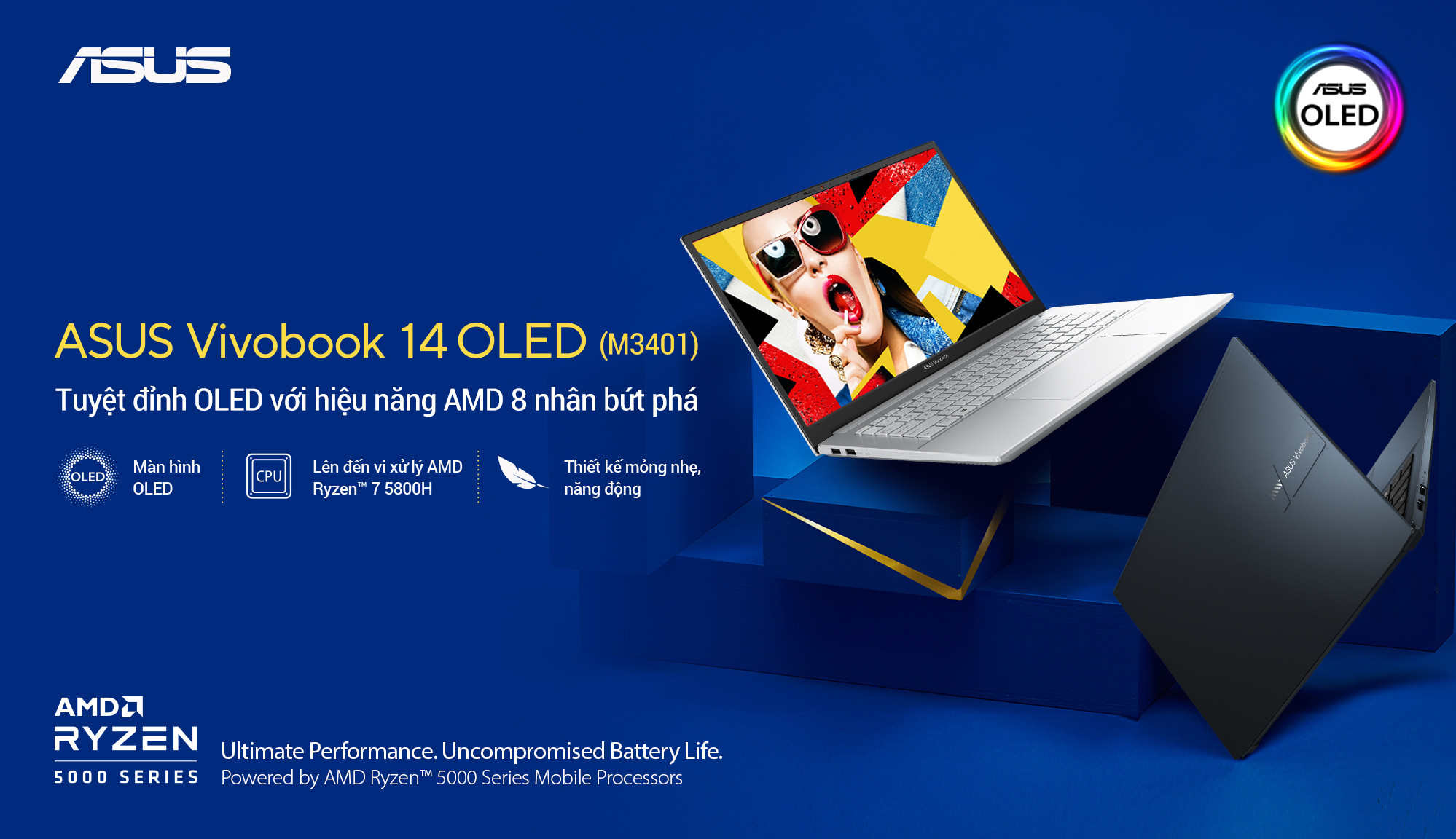 ASUS giới thiệu Vivobook 14 OLED (M3401), hiệu năng bức phá với chip AMD 8 nhân Ryzen 7 5800H