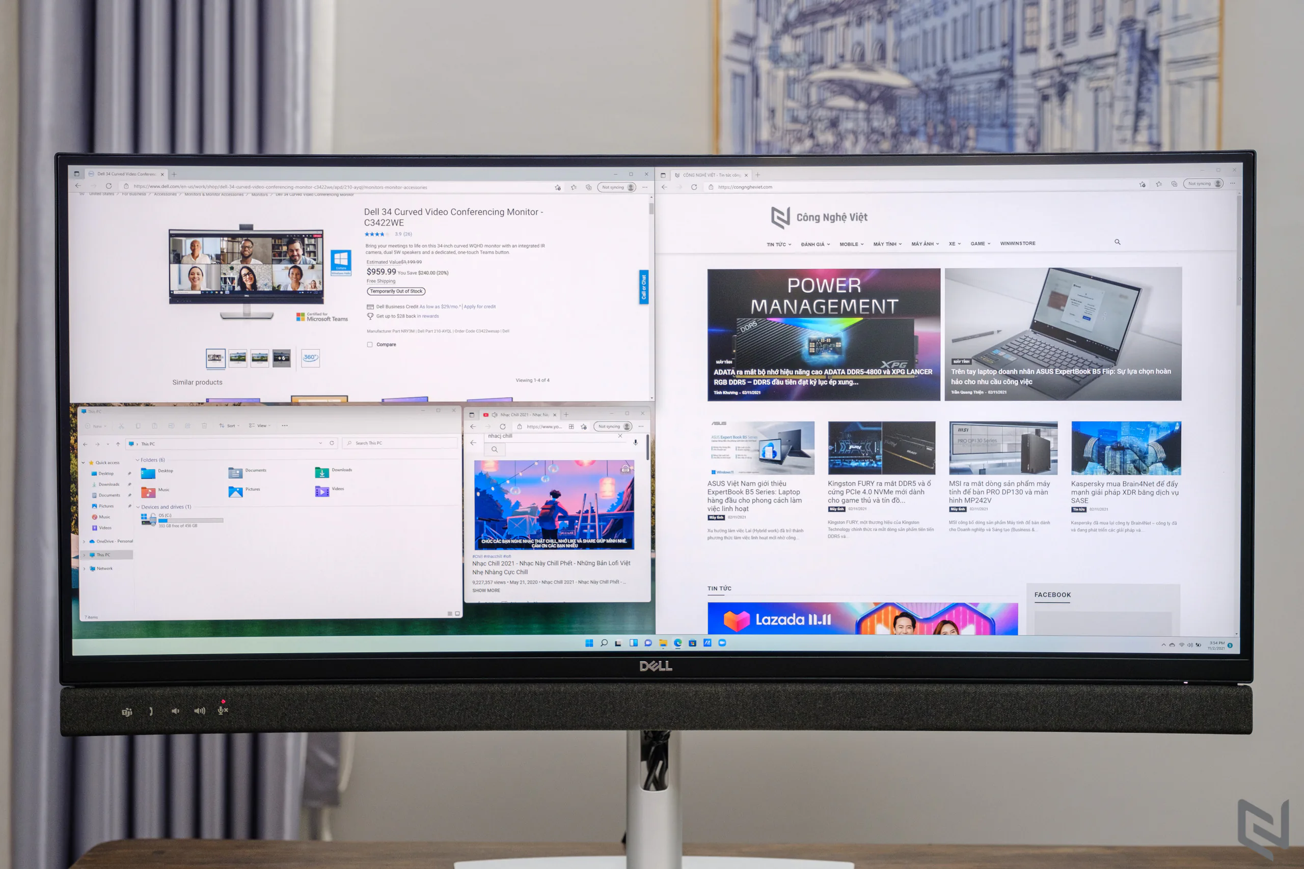 Đánh giá màn hình Dell C3422WE: Kích thước 34-inch tỉ lệ 21:9, độ phân giải WQHD, tích hợp loa và webcam