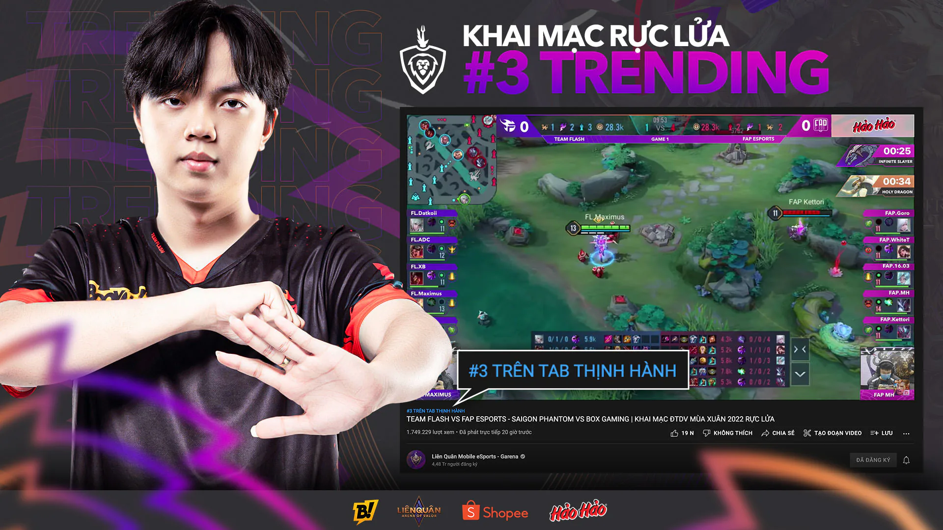 Khai mạc Đấu Trường Danh Vọng mùa Xuân 2022 đạt top 3 thịnh hành Youtube, Team Flash và Saigon Phantom "thị uy" sức mạnh ngay trận đầu tiên