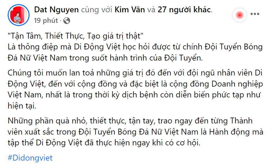Di Động Việt gửi tặng phần quà thiết thực đến Tuyển nữ Việt Nam khi về nước sau kỳ tích vào Chung kết World Cup