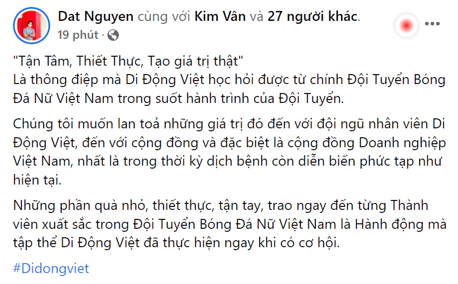 Di Động Việt gửi tặng phần quà thiết thực đến Tuyển nữ Việt Nam khi về nước sau kỳ tích vào Chung kết World Cup