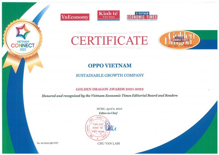 OPPO Việt Nam được vinh danh TOP 50 Doanh nghiệp FDI tiêu biểu thúc đẩy tăng trưởng xanh và phát triển bền vững tại Giải thưởng Rồng Vàng lần thứ 21