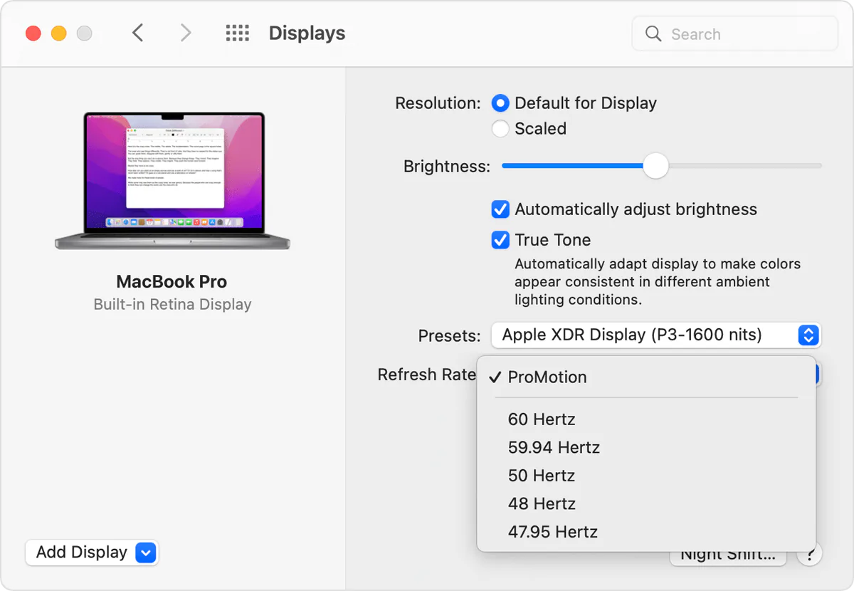 Cách thay đổi tần số trên màn hình MacBook Pro hoặc Apple Pro Display XDR