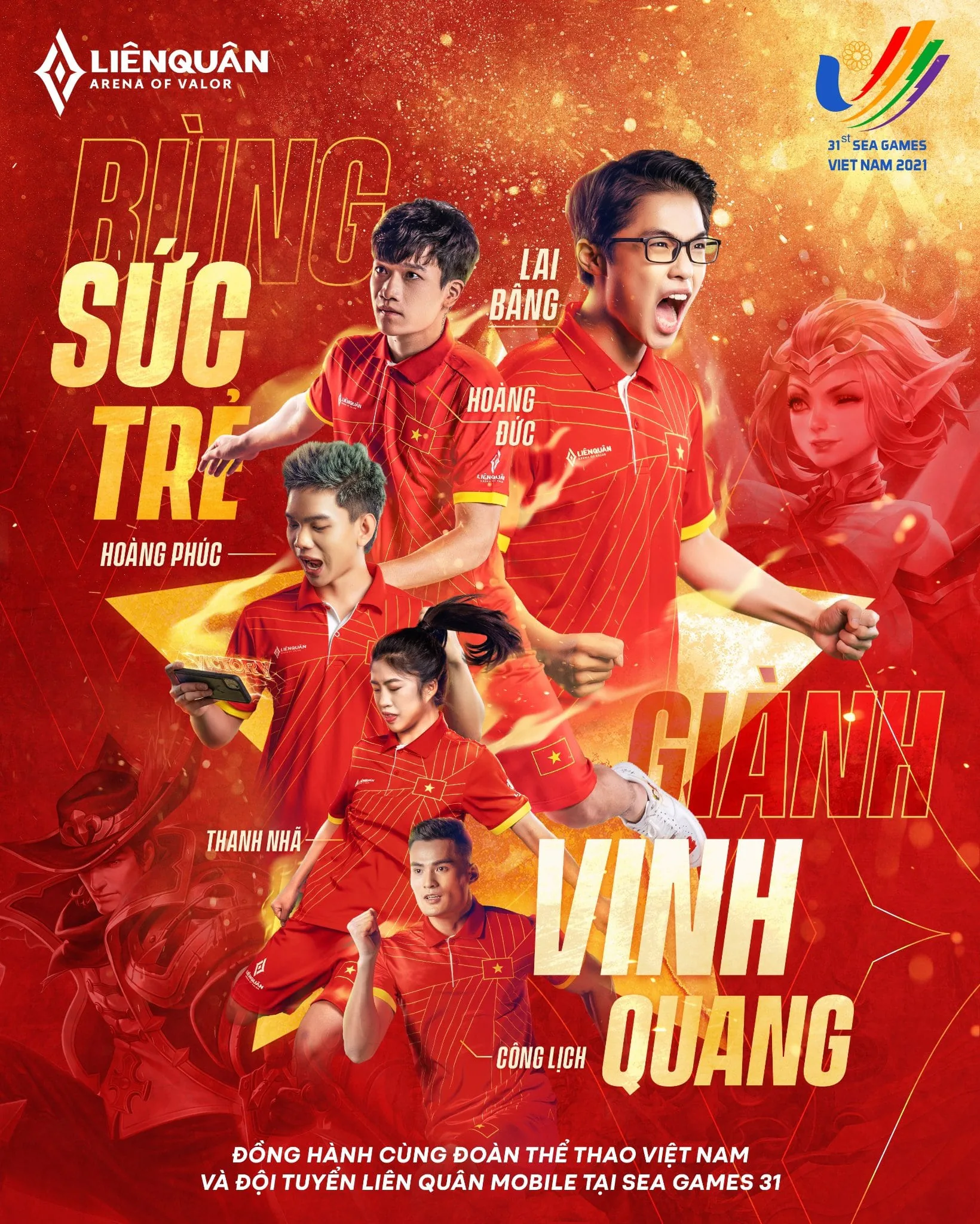 Hoàng Đức, Thanh Nhã và Công Lịch đồng hành cùng đội tuyển Liên Quân Mobile Việt Nam tại SEA Games 31, thi đấu từ 20-22/5